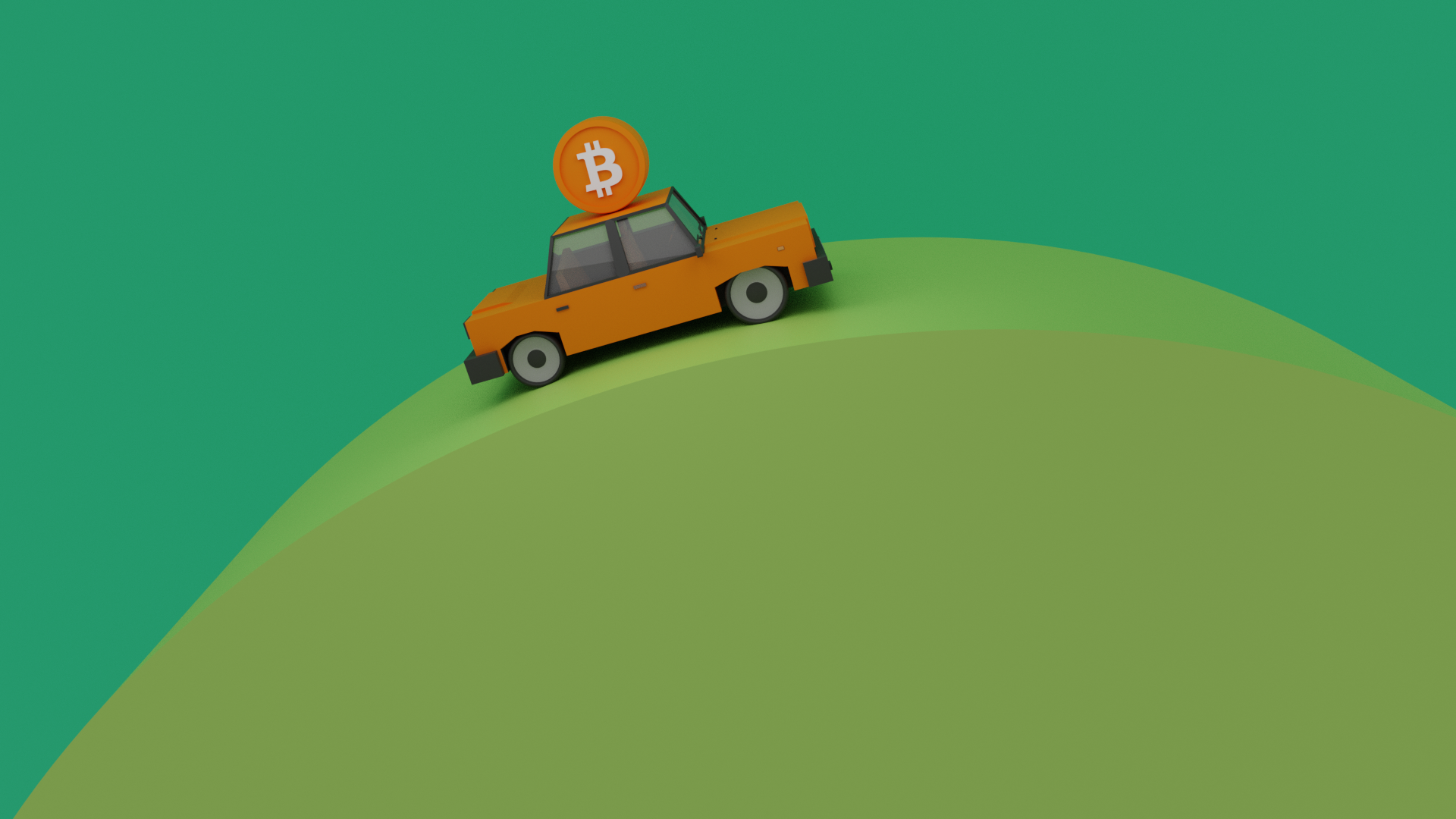 Auto anaranjado de bitcoin, carro bitcoin sobre una colina verde, animacion 3D