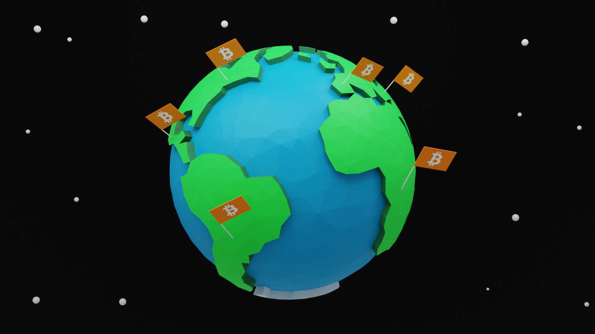 Planeta Tierra con banderas de Bitcoin animacion 3D
